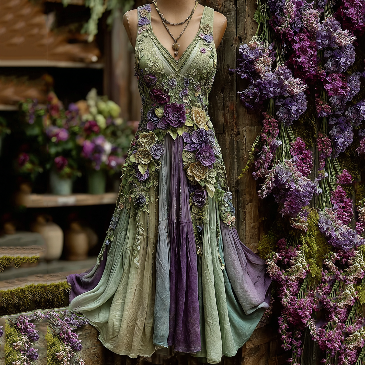 Vintage Classy Gradient Purple Lavender And Floral Embroidered Pattern Linen V Neck Maxi Dress artswardrobe