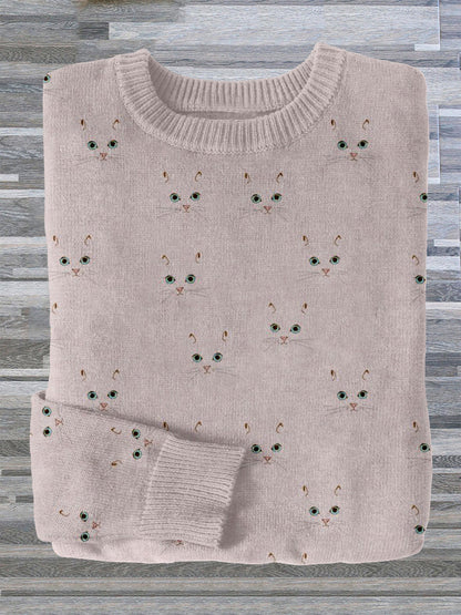 Cute Cat Face Pattern Cozy Sweater elevenforest