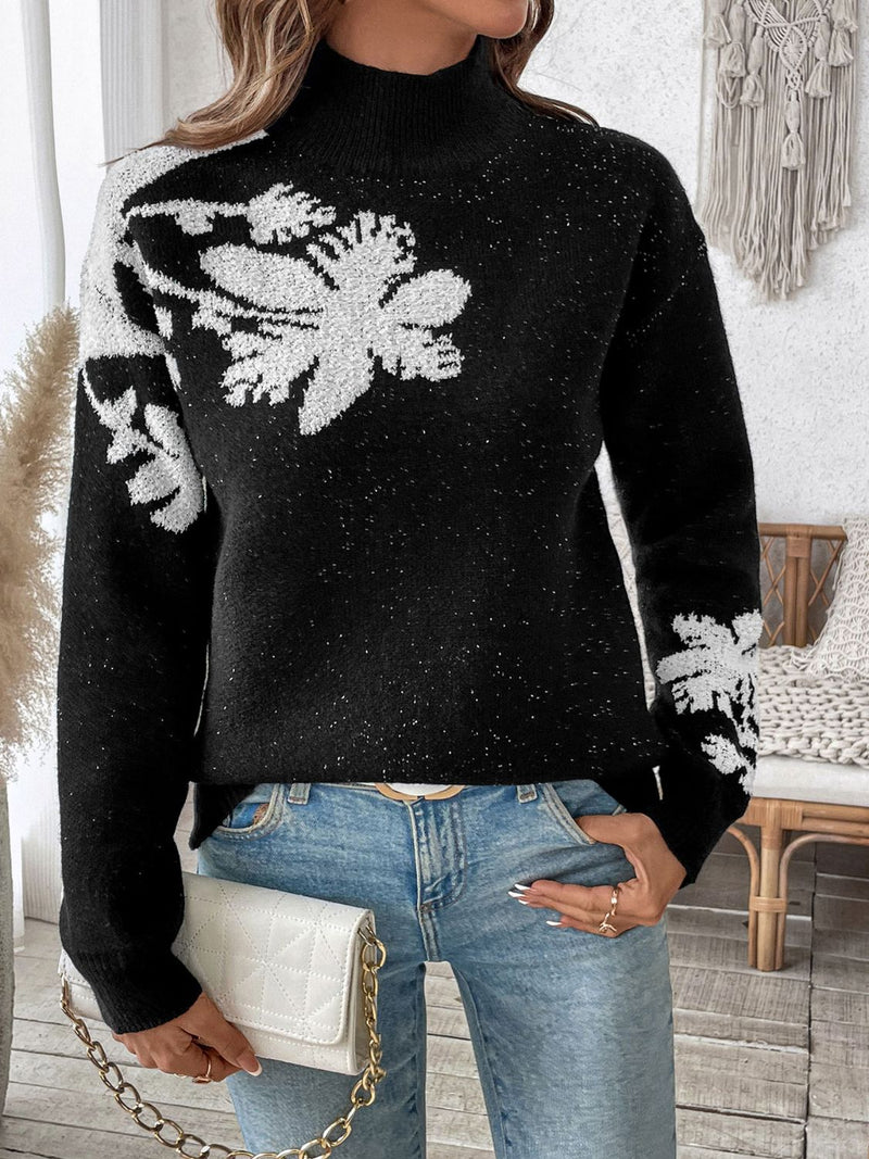 Cotton Mock Neck Sweater with Monochrome Floral Jacquard Design