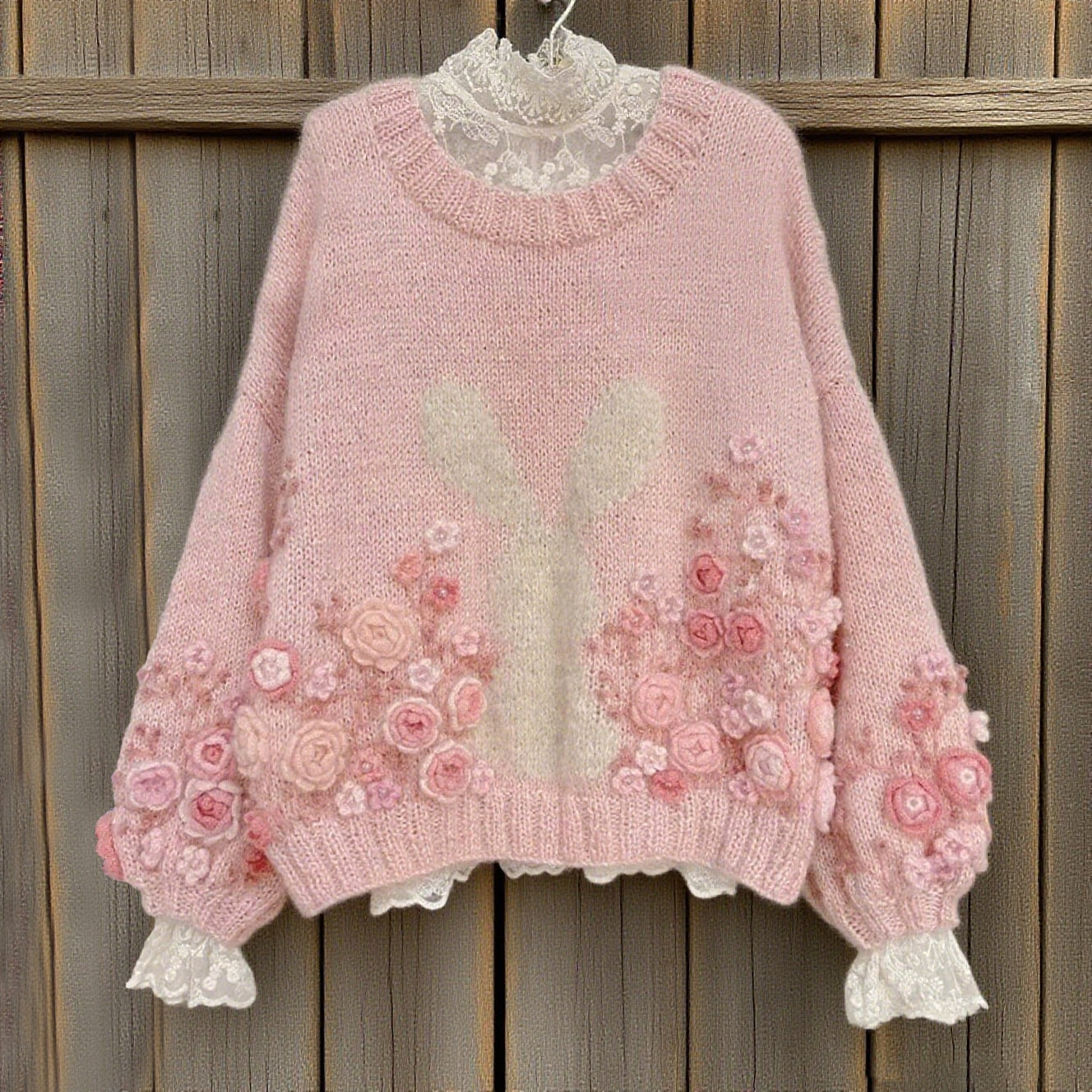 Women's Boho Bunny And Rose Embroidery  Knit Crew Neck Sweater artswardrobe