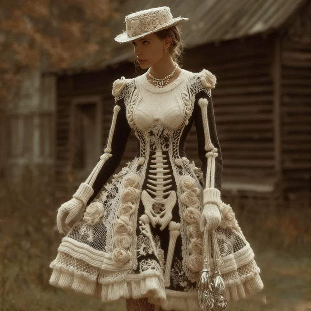 Comstylish Women's Halloween Skeleton And Rose V-neck Dress