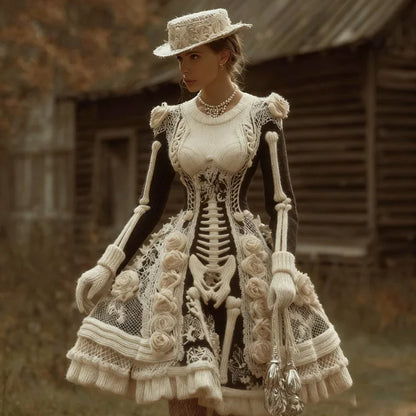 Comstylish Women's Halloween Skeleton And Rose V-neck Dress