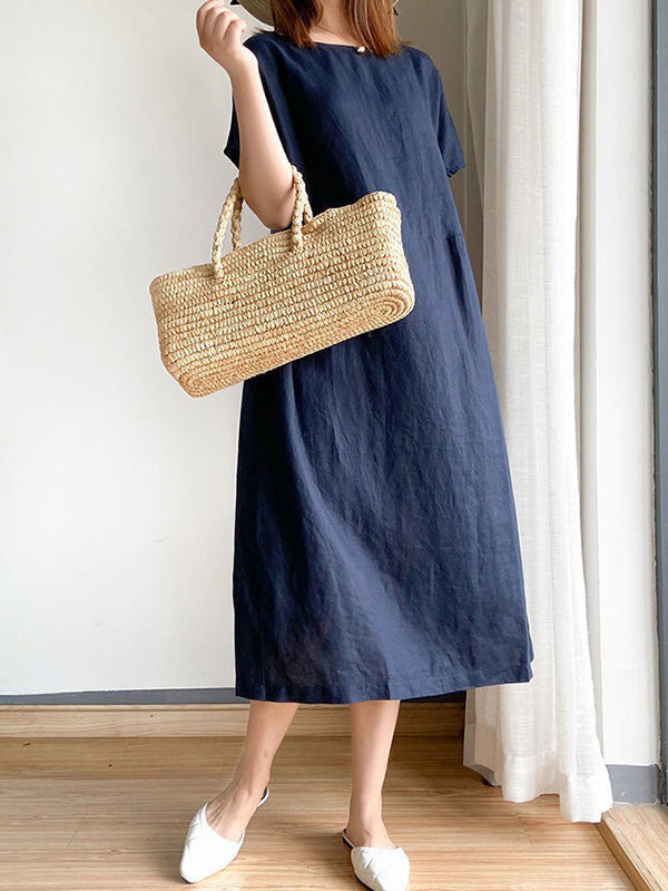 Loose Color Round-neck Midi Dresses