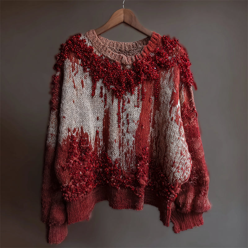 Wool Pullover with Distressed Red Texture Effect