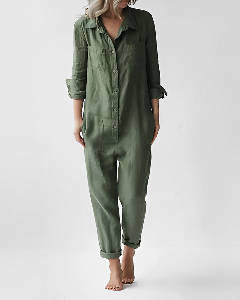 Long-sleeved jumpsuit with buttons and pockets