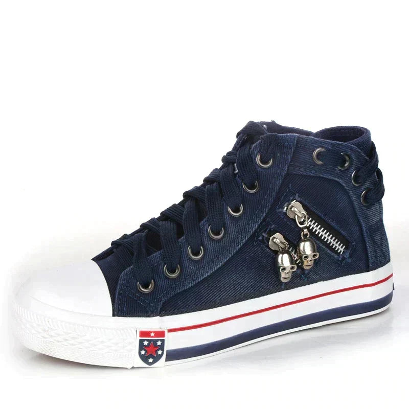 Denim sneakers with white sole