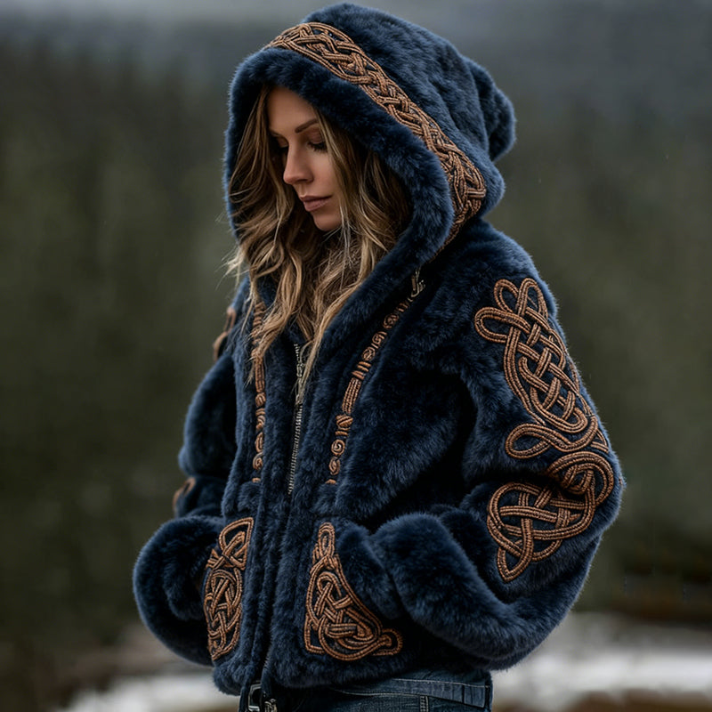 Comstylish Women's Viking Celtic Art Cozy Warm Flannel Hooded Jacket