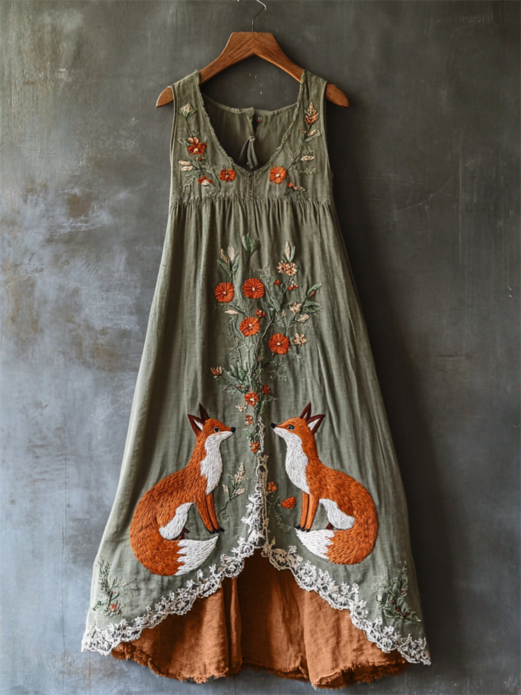 Vintage Fox Floral Embroidered Lace Layered Linen Dress artswardrobe