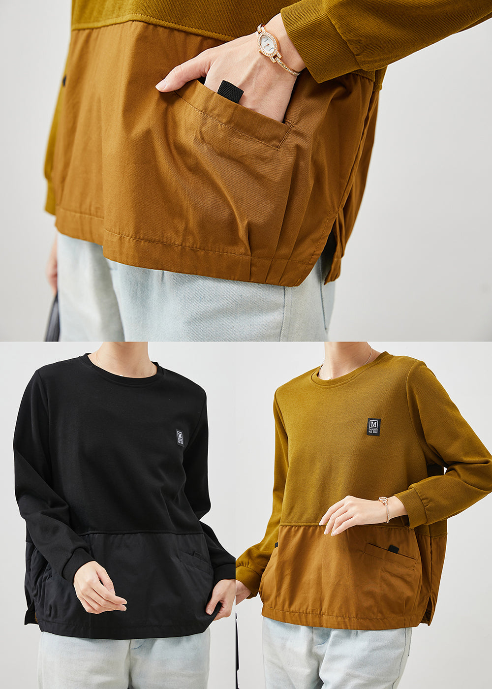 Black Patchwork Cotton Sweatshirt Oversized Spring