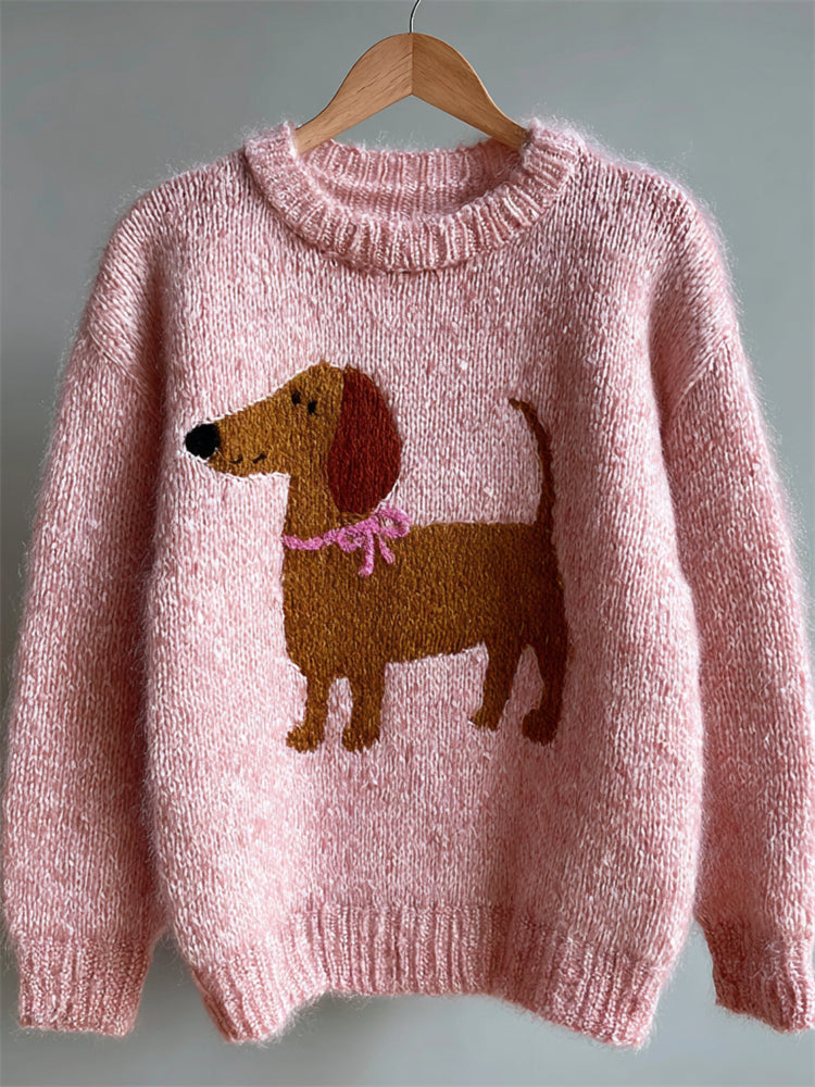 Cotton Pullover with Dachshund and Pink Ribbon Bow