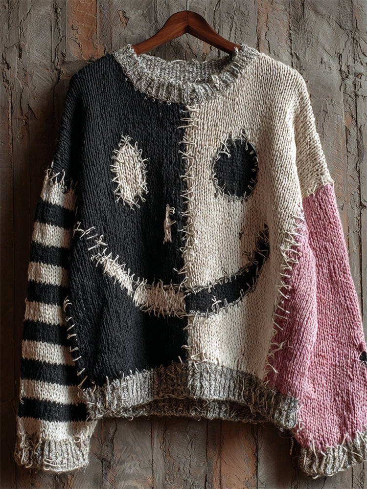 Cotton Sweater with Multicolor Distressed Smiley Face