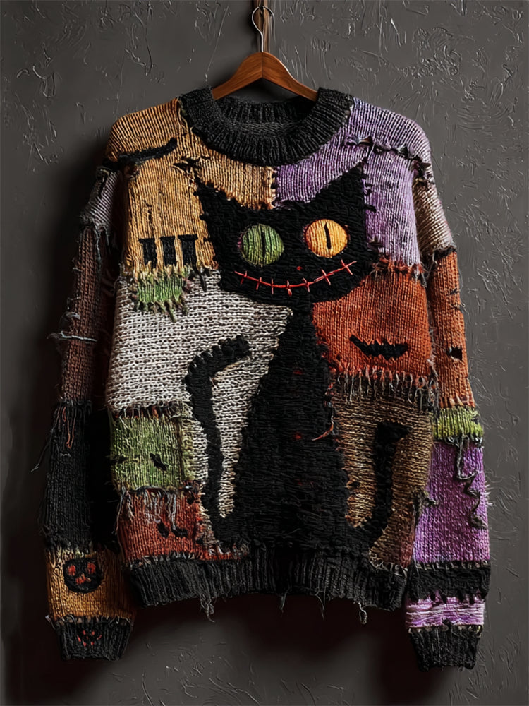 Halloween Black Colorblock Stitched Cozy Knit Sweater elevenforest
