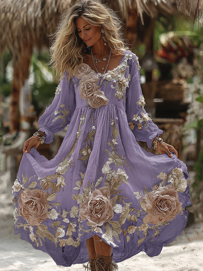 Women's Vintage Romantic White Rose Embroidery Art Comfy Linen Maxi Dress artswardrobe