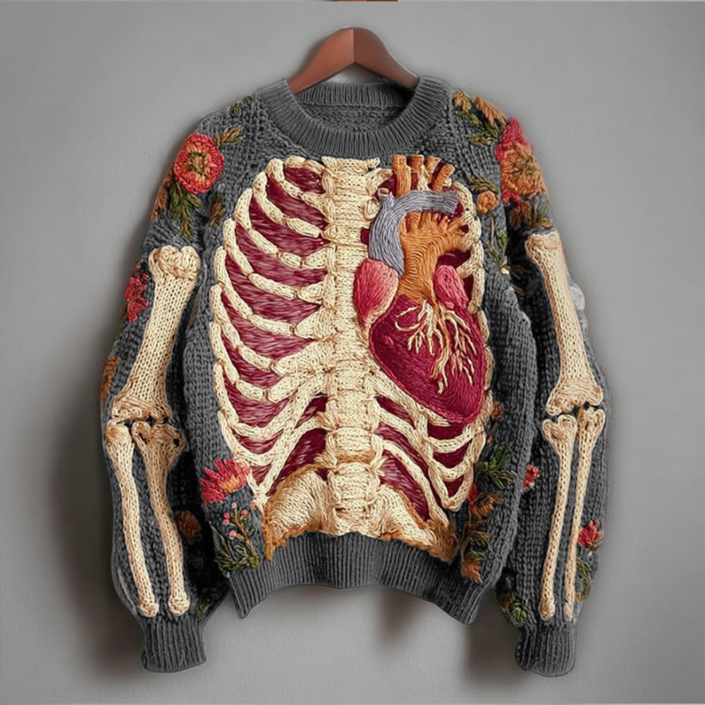 Comstylish Vintage Halloween Human Anatomy Art And Floral Round Neck Sweater