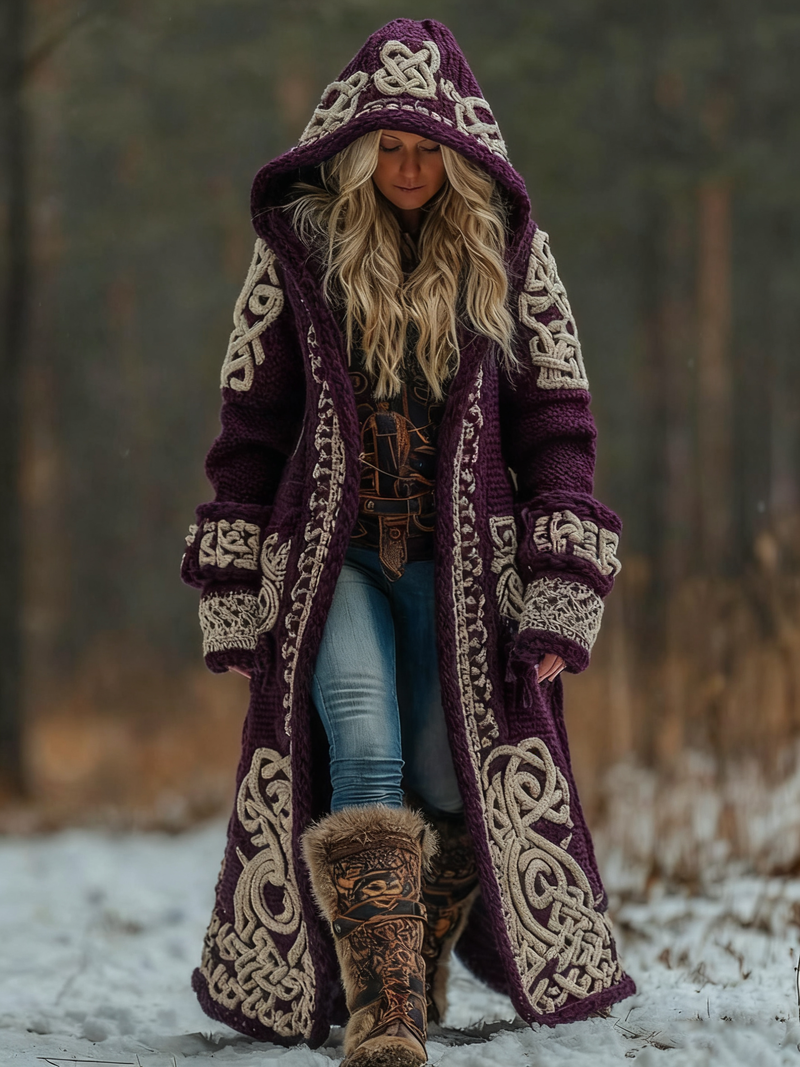 Wool Blend Hooded Long Coat with Celtic Knotwork and Tribal Appliqués