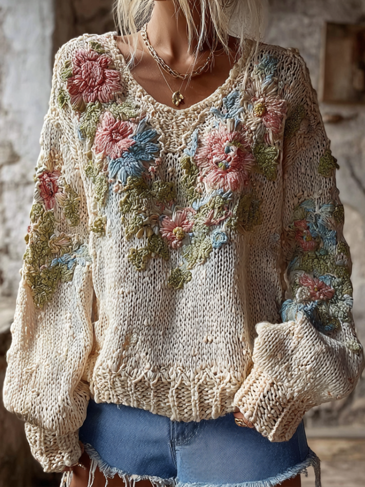 Comstylish Bohemian Style Plant And Flower Embroidery Pattern Women's Round Neck Knitted Sweater