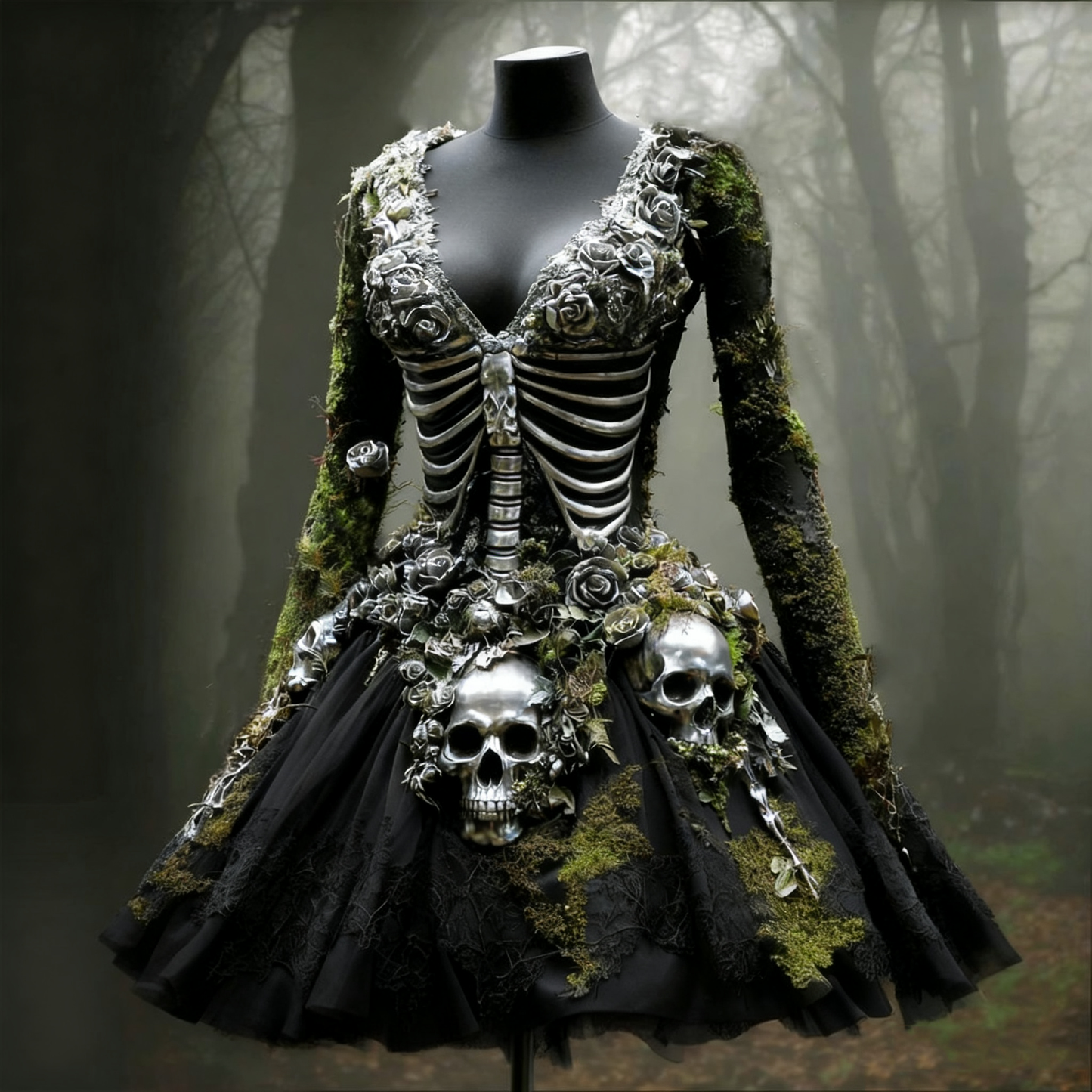 Comstylish Women's Halloween Skull Flowers Moss Witch Midi Dress