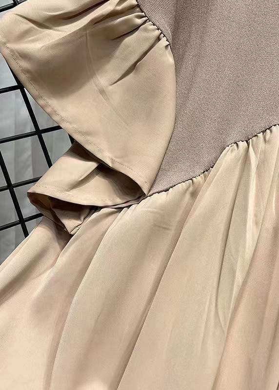 Khaki O Neck Knit Patchwork Chiffon T Shirt Summer