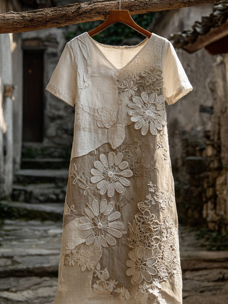 Vintage Floral Lace Embroidered V Neck Linen Midi Dress artswardrobe