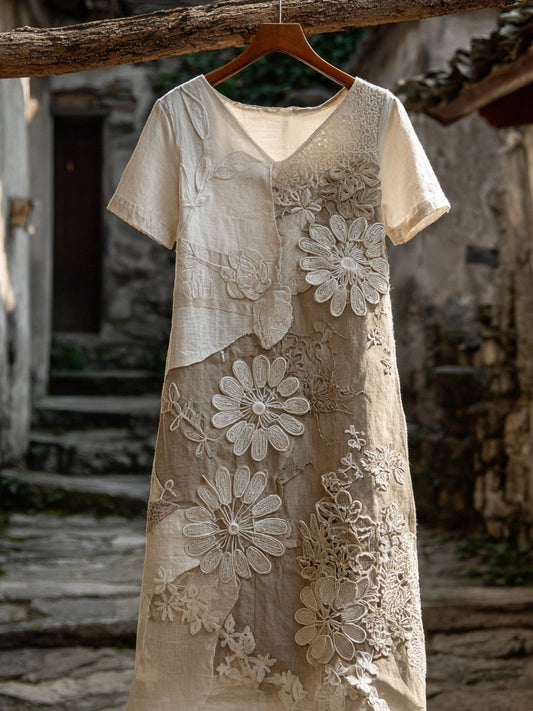 Vintage Floral Lace Embroidered V Neck Linen Midi Dress artswardrobe