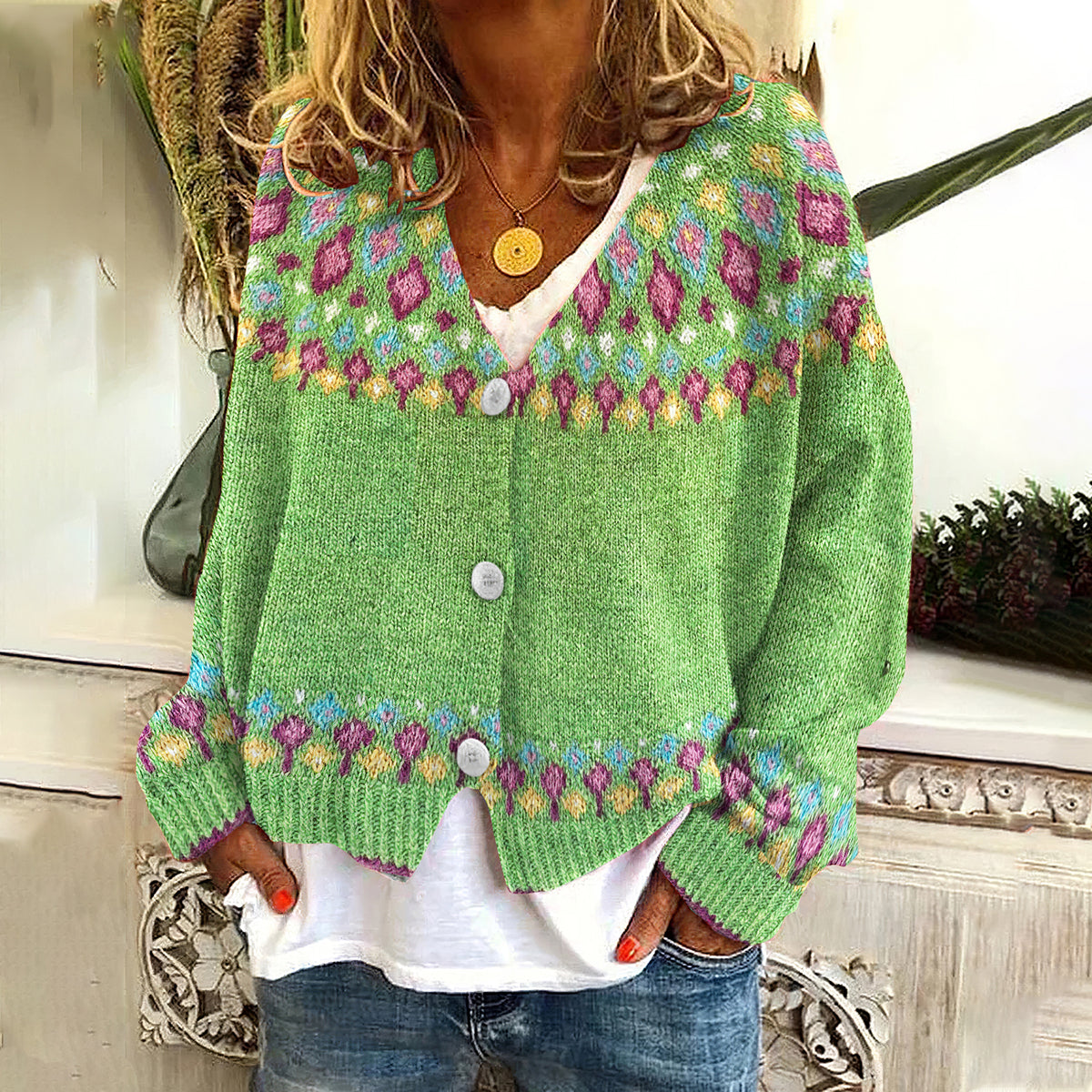 Fairman Island Geometric Contrast Button Cardigan elevenforest