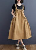 Khaki Wrinkled Pockets Strap Dress Summer