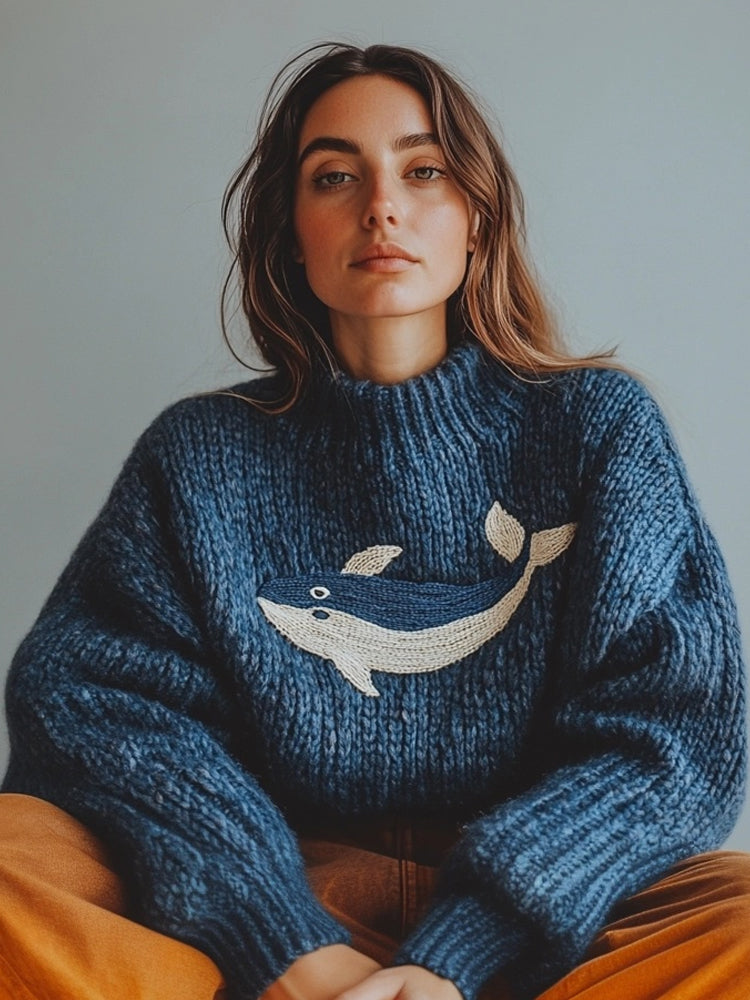Cotton Chunky Knit Sweater with Embroidered Whale Motif in Ocean Blue