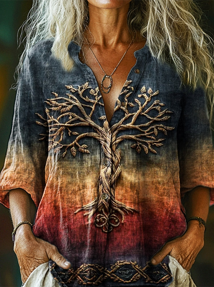 Women's Tree of Life Gradient Art Print Casual Cotton and Linen Shirt