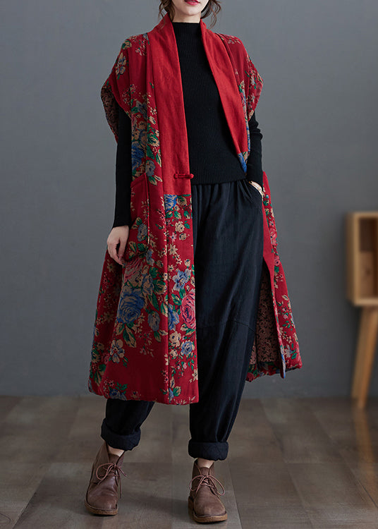 Original Style Red V Neck Print Pockets Fine Cotton Filled Vest Winter