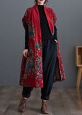 Original Style Red V Neck Print Pockets Fine Cotton Filled Vest Winter