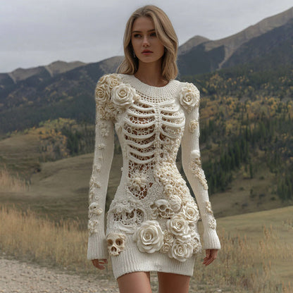 Comstylish Women's Vintage Halloween Skeleton Skull With Rose Art Cozy Sweater Dress