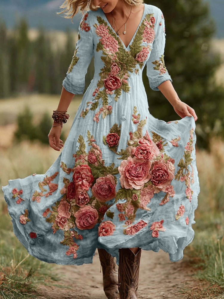 Women's Vintage Rose Floral Art V Neck Linen Blend Comfy Maxi Dress artswardrobe