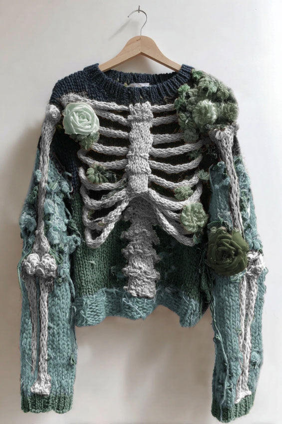 Comstylish Women's Vintage Skeleton And Rose Art Cozy Sweater