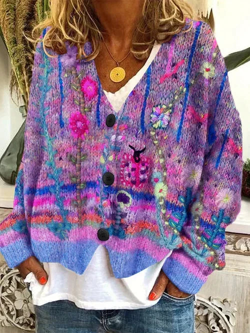 Wool Cardigan with Multi-Colored Floral Button Front