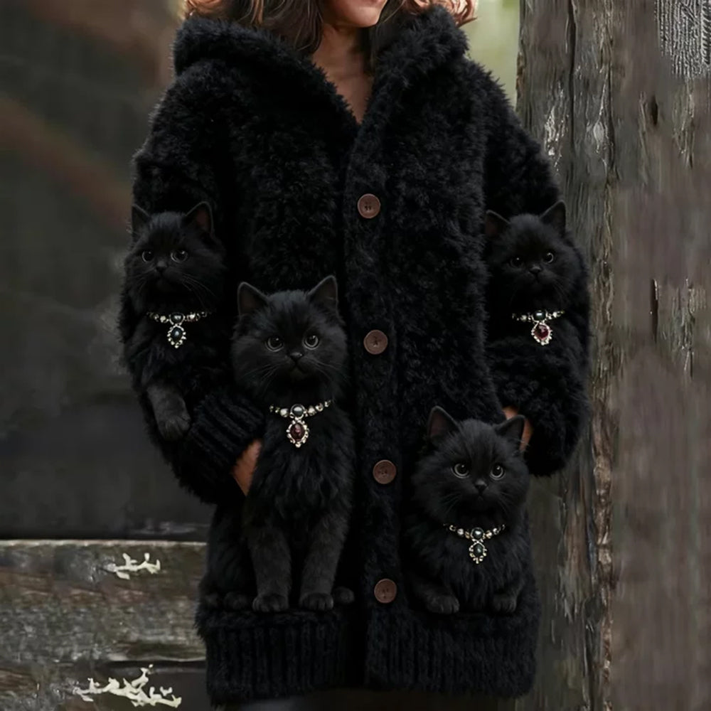Cat Wearing Pearl Necklace Thick Hooded Cardigan Long Sweater elevenforest