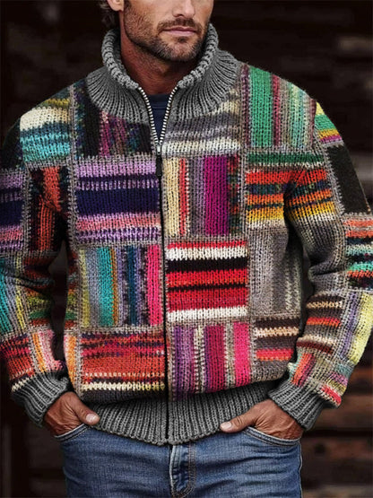 Men's Retro Colorblock Patchwork Cozy Full Zip Cardigan elevenforest