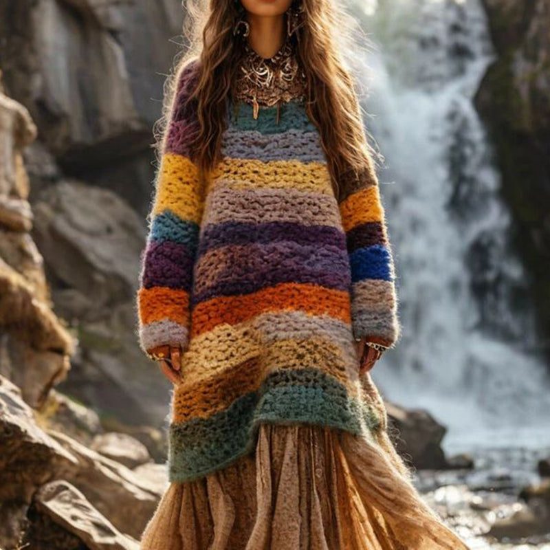 Vintage Rainbow Colorful Patchwork Cozy Knit Sweater Dress artswardrobe