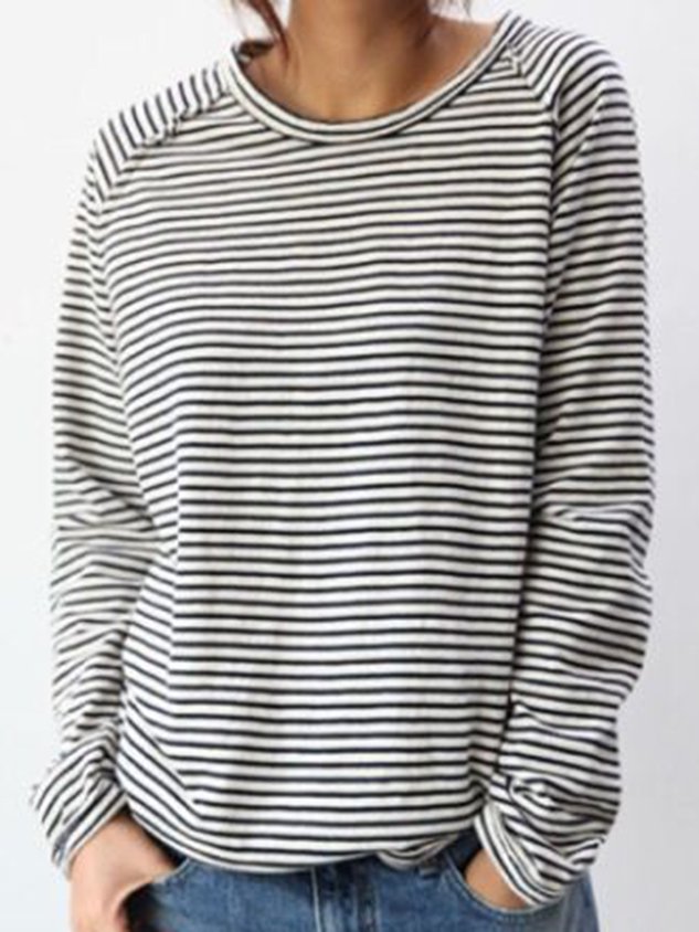 Cotton Jersey Top with Classic Horizontal Stripes and Crew Neck