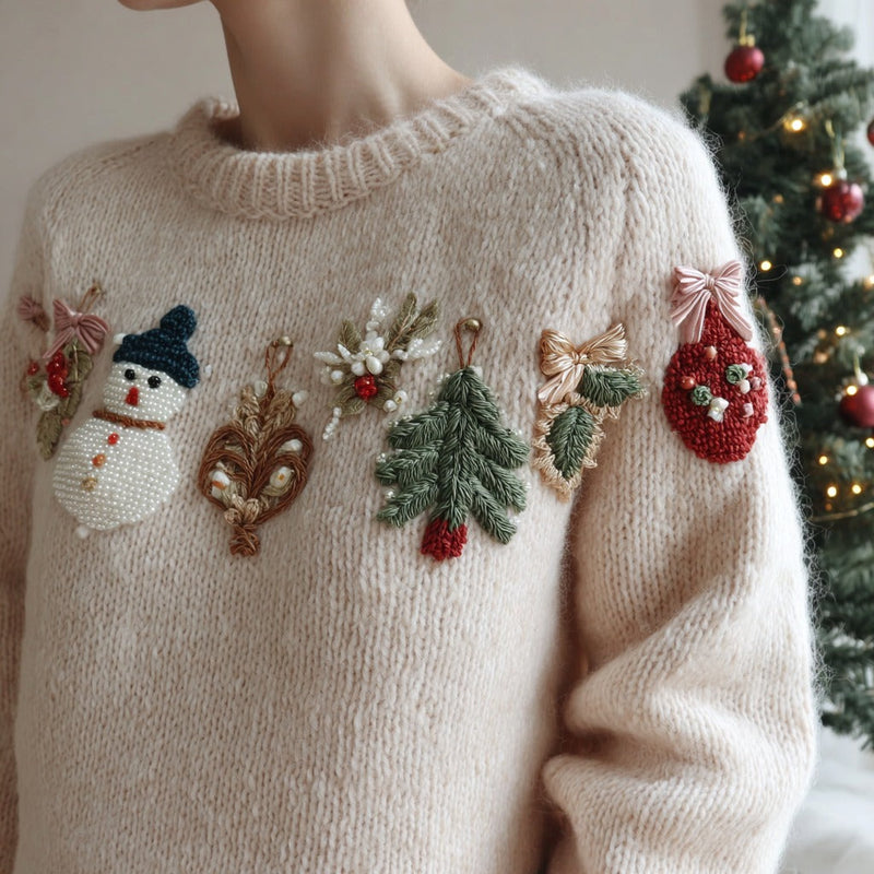 Cotton Sweater with Snowman and Holiday Embroidery
