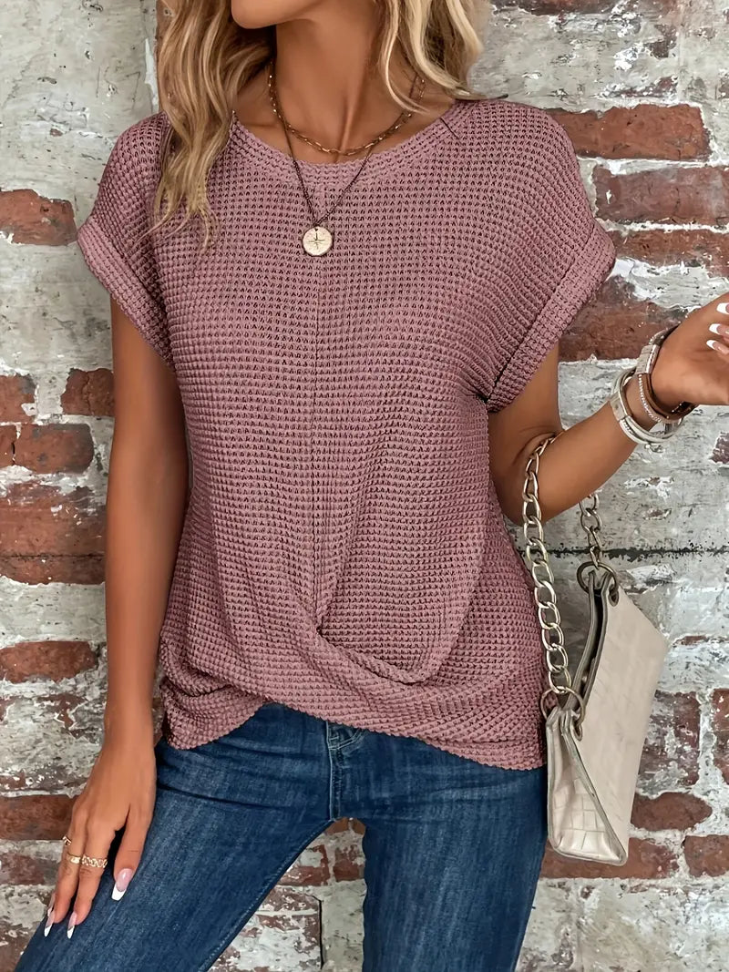 Waffle knit top with rolled sleeves