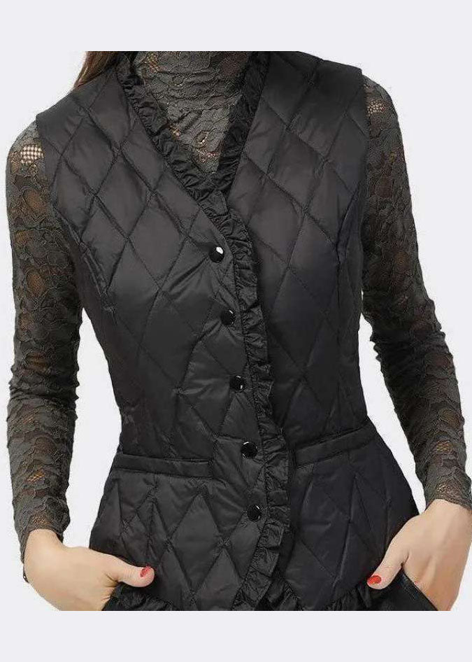 Black Button Ruffled V Neck Fine Cotton Filled Vest Spring