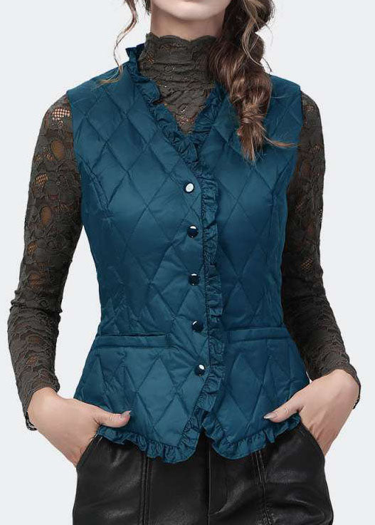 Black Button Ruffled V Neck Fine Cotton Filled Vest Spring