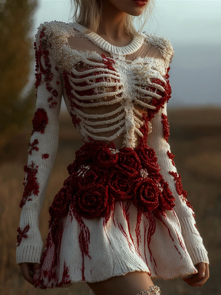 Comstylish Women's Halloween Skeleton And Scarlet Rose Round Neck Dress