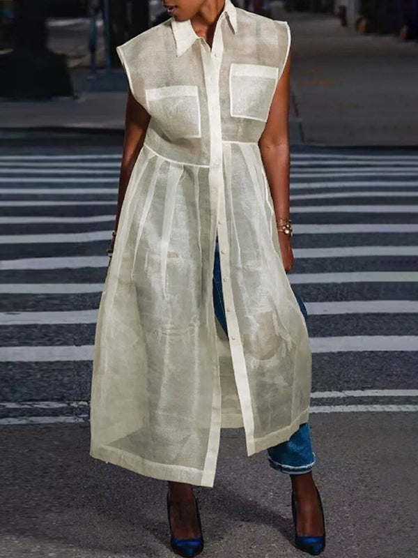 Cap Sleeve Loose Buttoned Pockets See-through Split-joint Transparent Lapel Midi Dresses Shirt Dress