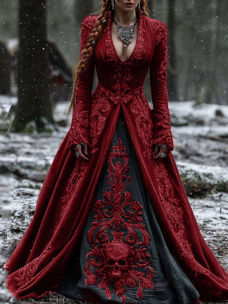 Women's Vintage Viking Skull Embroidery V Neck Casual Maxi Dress artswardrobe