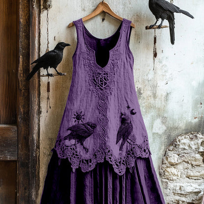 Women's Tribal Raven Embroidery Celtic Lace Art Tank Dress artswardrobe
