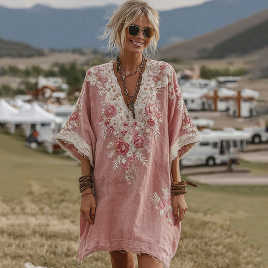 Rose Embroidered Gradient Linen Mini Dress artswardrobe