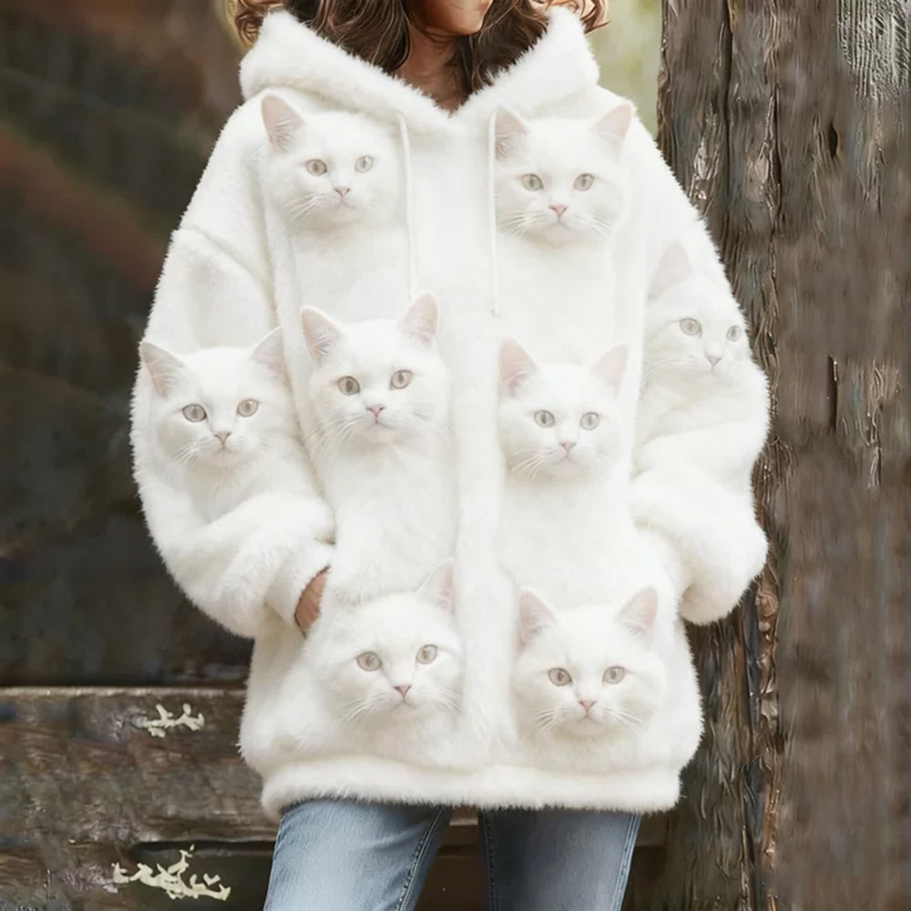 Probe Cute Cat Flannel Hoodie elevenforest