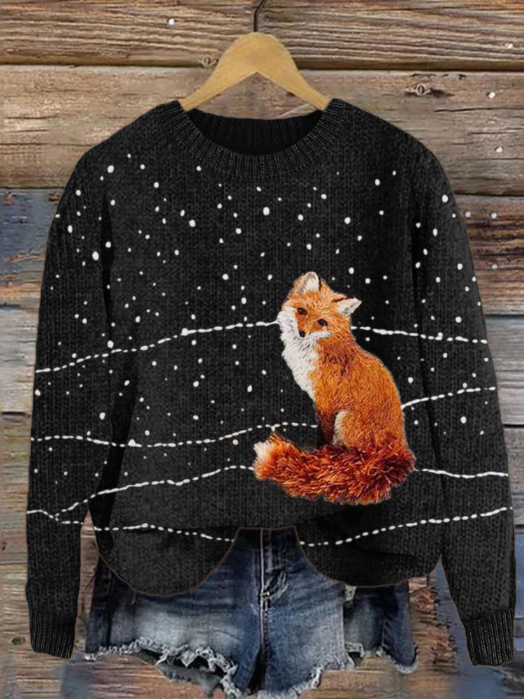 Fuzzy Fox in the Snow Embroidery Cozy Knit Sweater artswardrobe