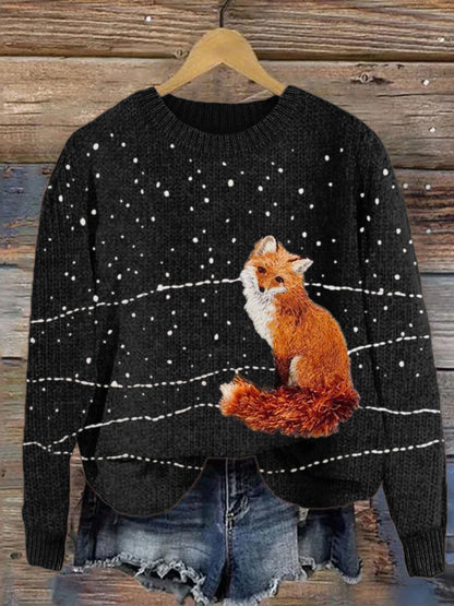 Fuzzy Fox in the Snow Embroidery Cozy Knit Sweater artswardrobe